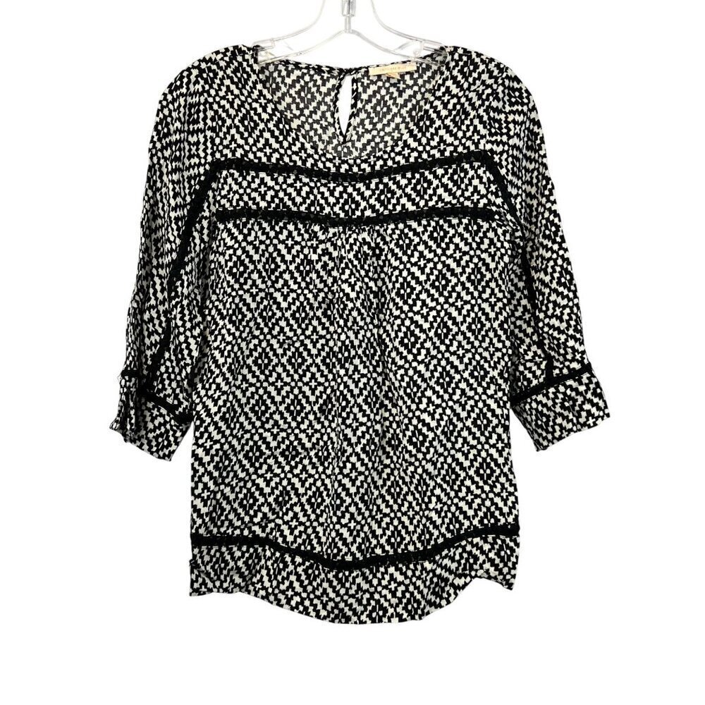 Skies Are Blue Womens 3/4 Sleeve Black/White Print Top Size Small Keyhole Back